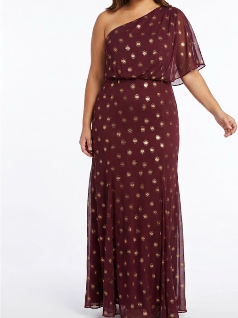 Adrianna Papell One-Shoulder Burgundy Dress with Gold Print